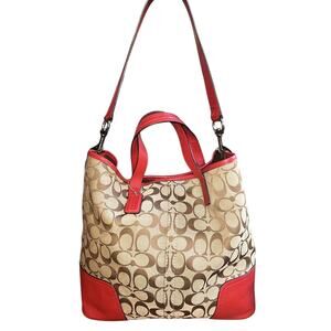 Coach Hadley Signature Tan & Red Leather Duffle Bag F289181 Authenticated